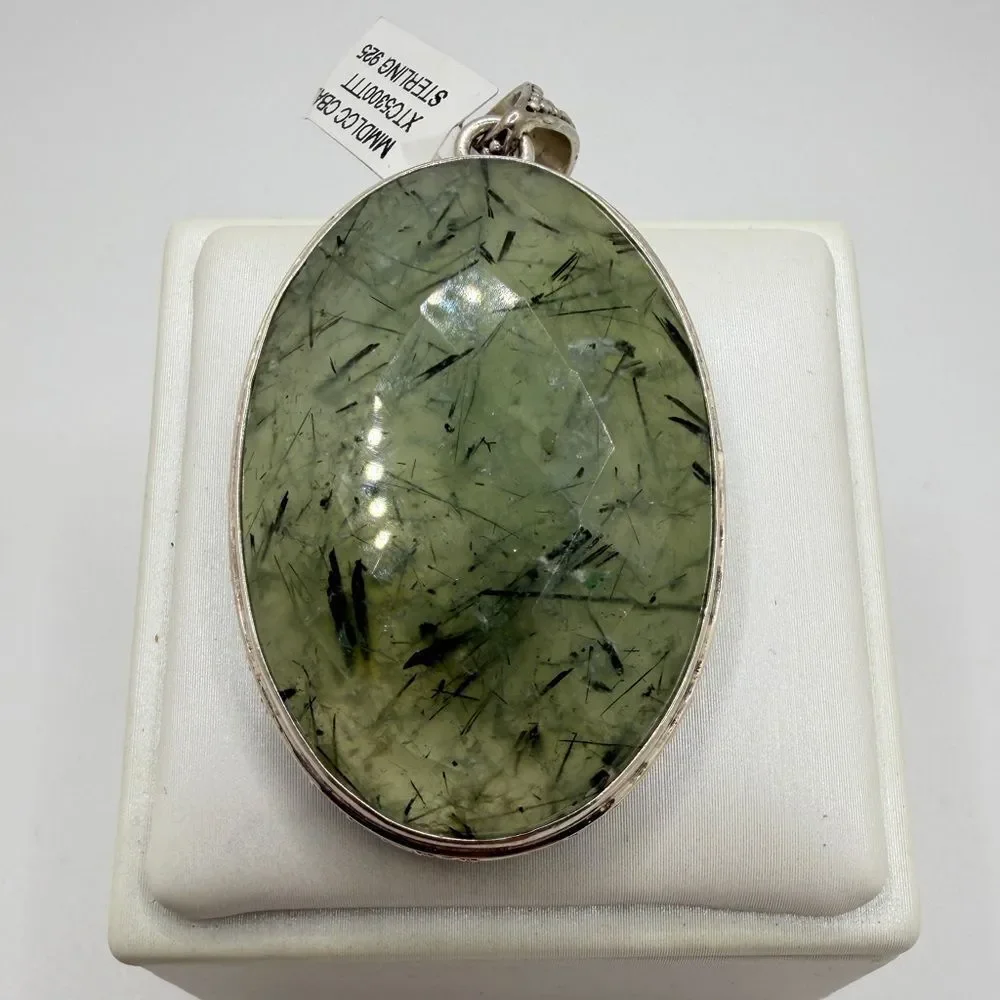 NWT 27x41mm MONSTER faceted/checkerboard PREHNITE pendant in BALI 925!